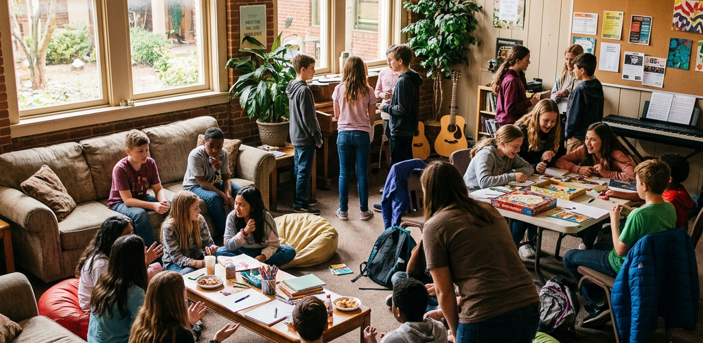 Young people gathered for games, crafts, music, and conversation in a lounge